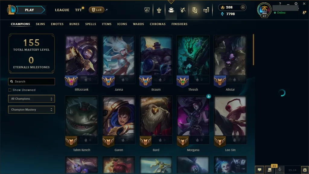 🔥 EUW  🔵 Unranked | 🟡 Lv47 | 🟢 50 Champions | 🟣 12 Skins | 💰 7798 BE | 🏆 14 Chests | 💎 208 RP | 🔓 Full Access