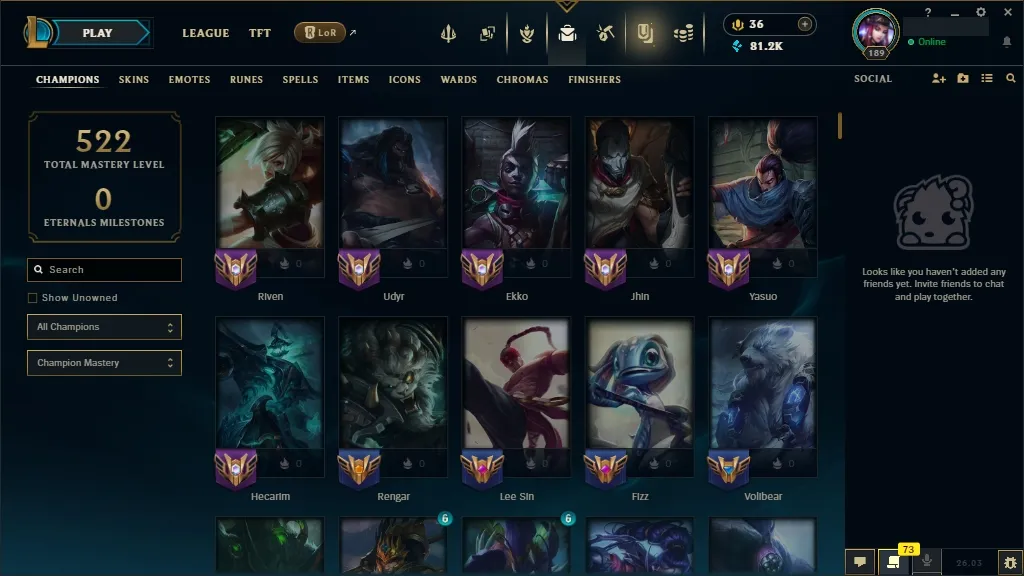 [NA] 欄 ALL Champions ⚔️ 231 Skins  Level 189  81216 BE  36 RP  ⚡ Delivery in Minutes | LoL Account for Sale