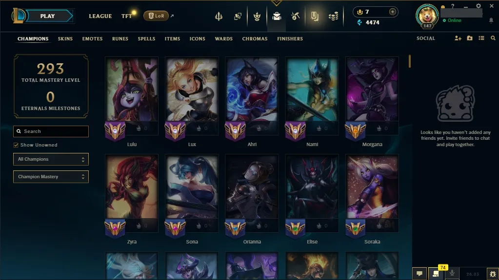 [NA] Support e-girl Account ✔️ 93 Champions ⚔️ 51 Skins 🙌 Level 147 🔼 4474 BE 🔵 7 RP 💰 🚀 Fast Delivery | Ranked LoL Account