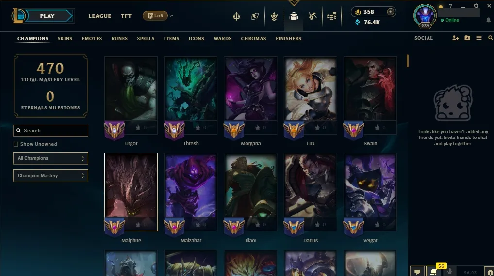 [EUW]  ALL Champions  117 Skins  Level 239  76417 BE  358 RP   Delivery in Minutes | Ranked LoL Account