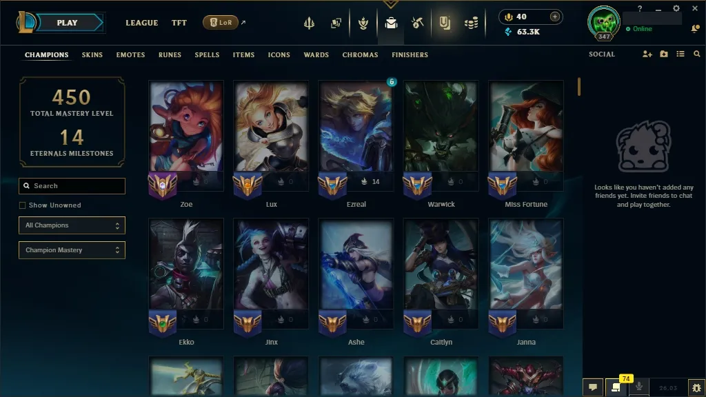 [EUW]  ALL Champions ️ 39 Skins  Level 347  63313 BE  40 RP   Delivery in Minutes | LoL Account for Sale