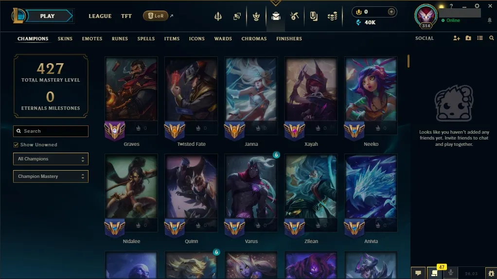 [EUW] ⭐ Insane Loot ✅ ALL Champions 👑 49 Skins 🙌 Level 314 ⭐ 40008 BE 🔷 ⚡ Instant Delivery | League of Legends Account