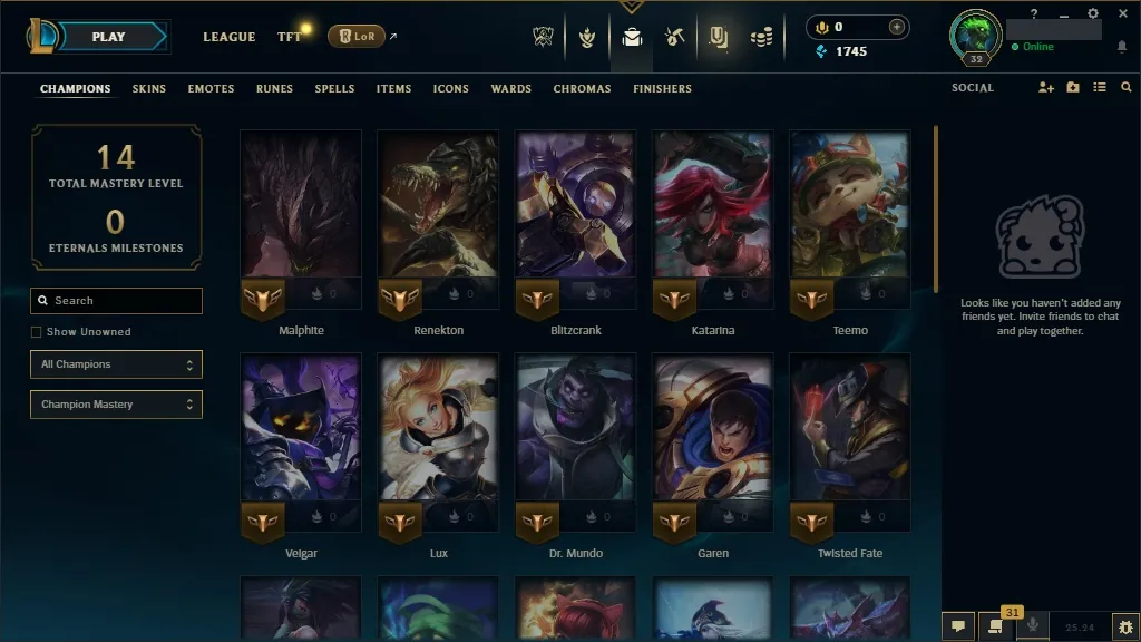 🔥 EUW 🟡 Lv32 | 🟢 33 Champions | 🟣 2 Skins | 💰 1745 BE | 🔓 Full Access
