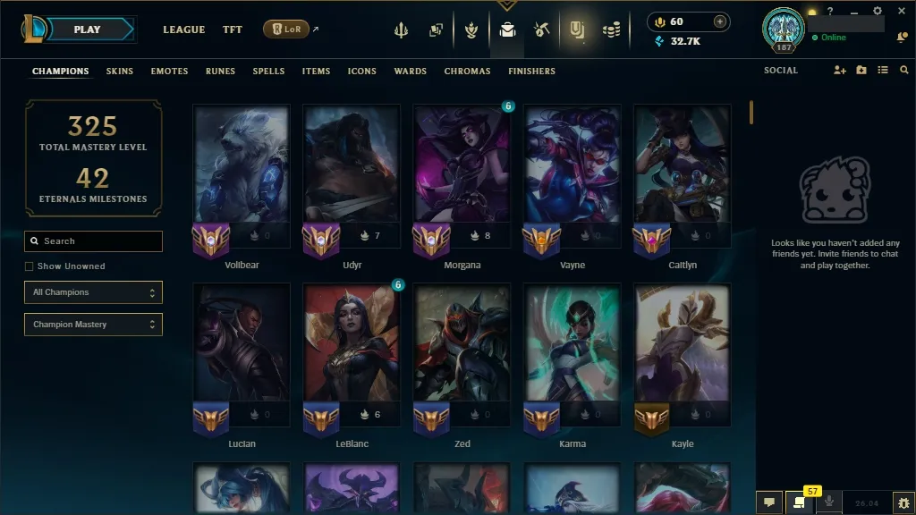 [EUW] ☑️ ALL Champions ⚔️ 61 Skins ✨ Level 187  32711 BE  60 RP   Fast Delivery | Ranked LoL Account