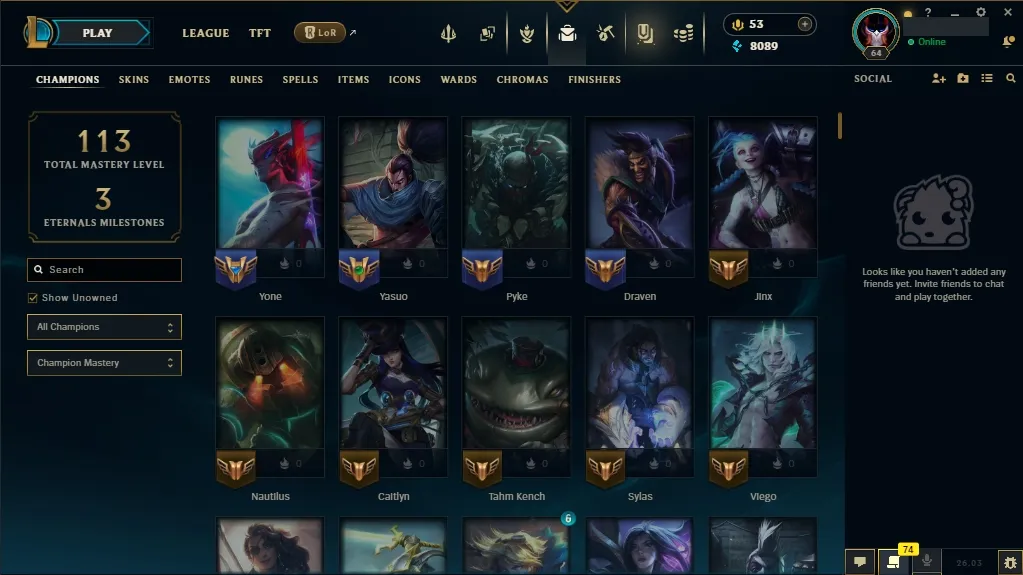 [NA] 欄 56 Champions  22 Skins  Level 64  8089 BE  53 RP  ⚡ Fast Delivery | League of Legends Account