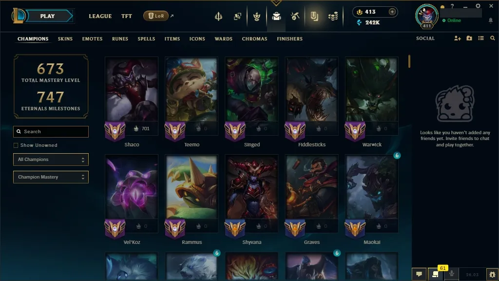 [EUW]  ALL Champions ️ 172 Skins  Level 411  242095 BE  413 RP   Fast Delivery | LoL Account for Sale