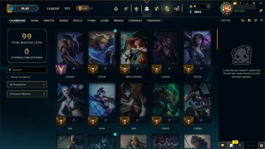 [EUW] Main Draven 🆗 61 Champions 🧠 26 Skins 🙌 Level 70 ⭐ 4855 BE 🔵 🚀 Fast Delivery | Ranked LoL Account