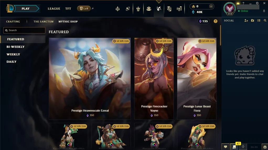 [EUW] ⭐ Insane Loot ✅ ALL Champions 👑 49 Skins 🙌 Level 314 ⭐ 40008 BE 🔷 ⚡ Instant Delivery | League of Legends Account