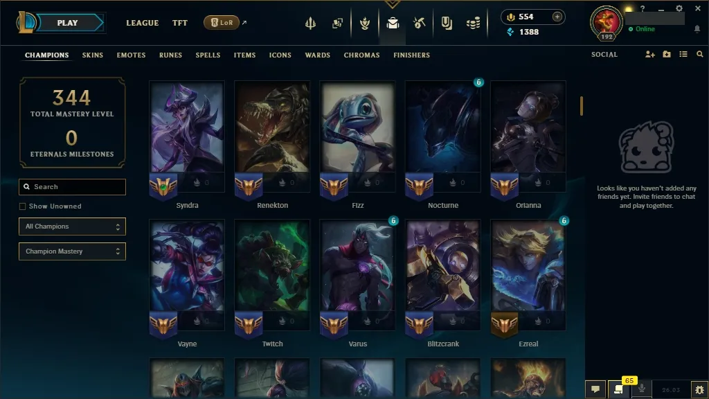 [EUW] 欄 168 Champions ️ 65 Skins  Level 192  1388 BE  554 RP   Fast Delivery | League of Legends Account