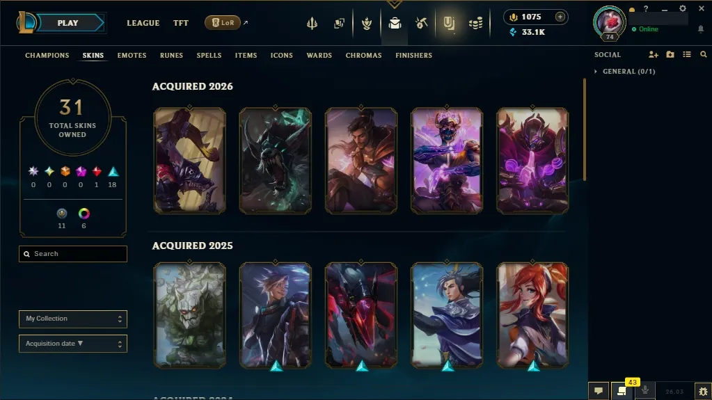 [NA]  61 Champions  31 Skins  Level 74  33115 BE  1075 RP   Delivery in Minutes | League Account with Skins
