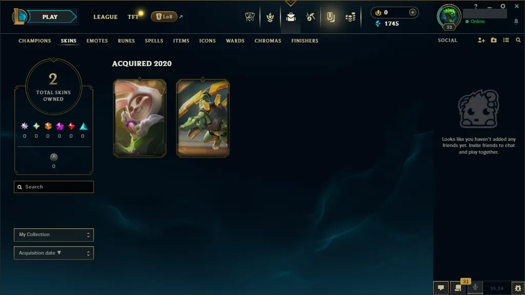 🔥 EUW 🟡 Lv32 | 🟢 33 Champions | 🟣 2 Skins | 💰 1745 BE | 🔓 Full Access