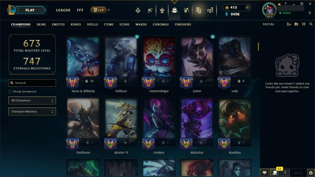 [EUW]  ALL Champions ️ 172 Skins  Level 411  242095 BE  413 RP   Fast Delivery | LoL Account for Sale