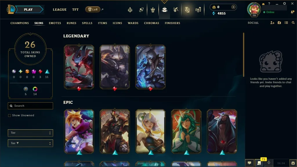 [EUW] Main Draven 🆗 61 Champions 🧠 26 Skins 🙌 Level 70 ⭐ 4855 BE 🔵 🚀 Fast Delivery | Ranked LoL Account