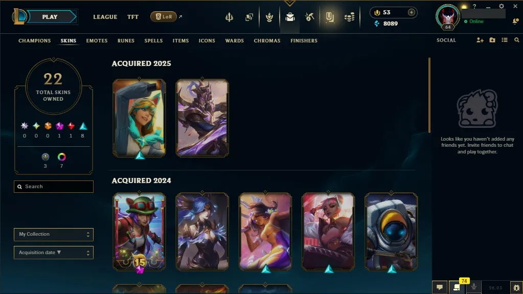 [NA] 欄 56 Champions  22 Skins  Level 64  8089 BE  53 RP  ⚡ Fast Delivery | League of Legends Account