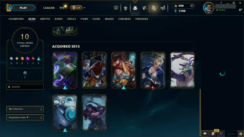 🔥 EUW  🔵 Unranked | 🟡 Lv47 | 🟢 50 Champions | 🟣 12 Skins | 💰 7798 BE | 🏆 14 Chests | 💎 208 RP | 🔓 Full Access