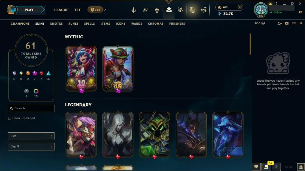[EUW] ☑️ ALL Champions ⚔️ 61 Skins ✨ Level 187  32711 BE  60 RP   Fast Delivery | Ranked LoL Account