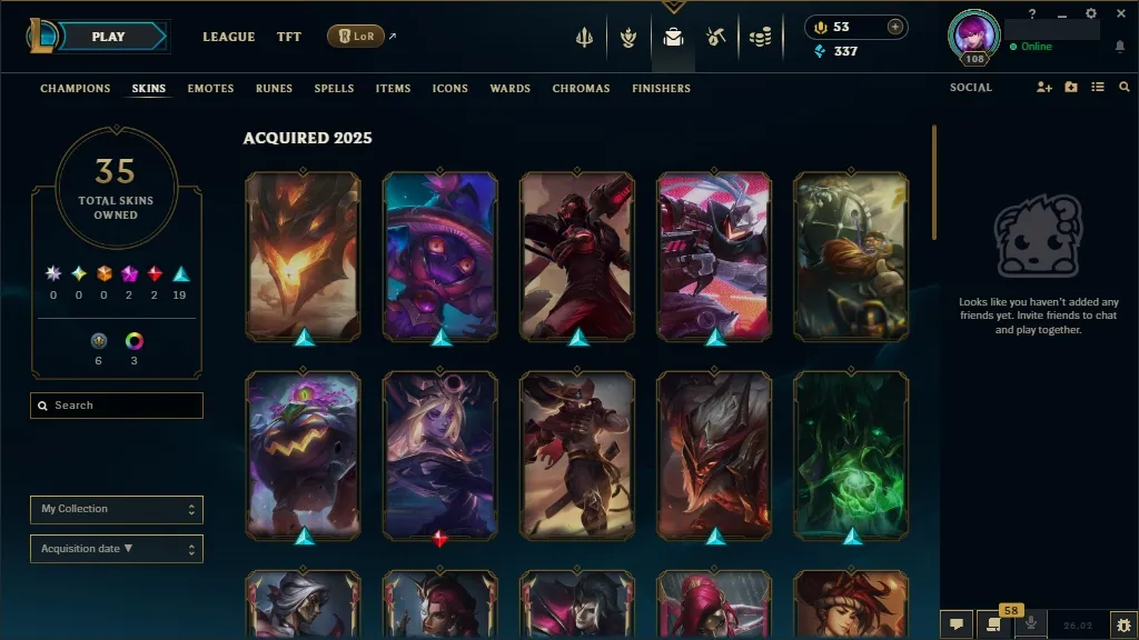 [EUW]  152 Champions ️ 35 Skins  Level 108  337 BE  53 RP   Free Delivery | League of Legends Account