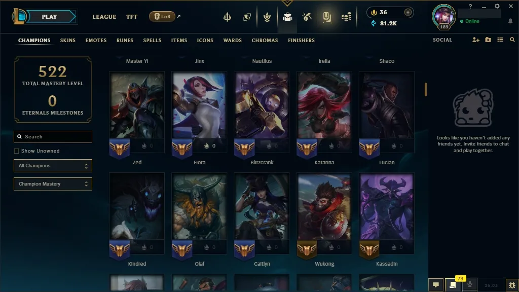 [NA] 欄 ALL Champions ⚔️ 231 Skins  Level 189  81216 BE  36 RP  ⚡ Delivery in Minutes | LoL Account for Sale