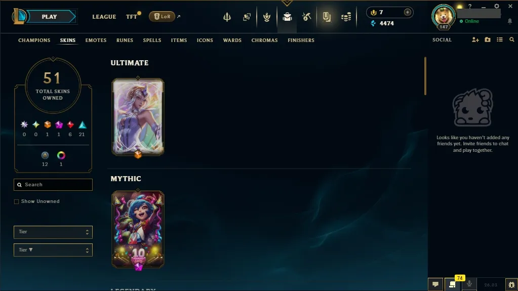 [NA] Support e-girl Account ✔️ 93 Champions ⚔️ 51 Skins 🙌 Level 147 🔼 4474 BE 🔵 7 RP 💰 🚀 Fast Delivery | Ranked LoL Account