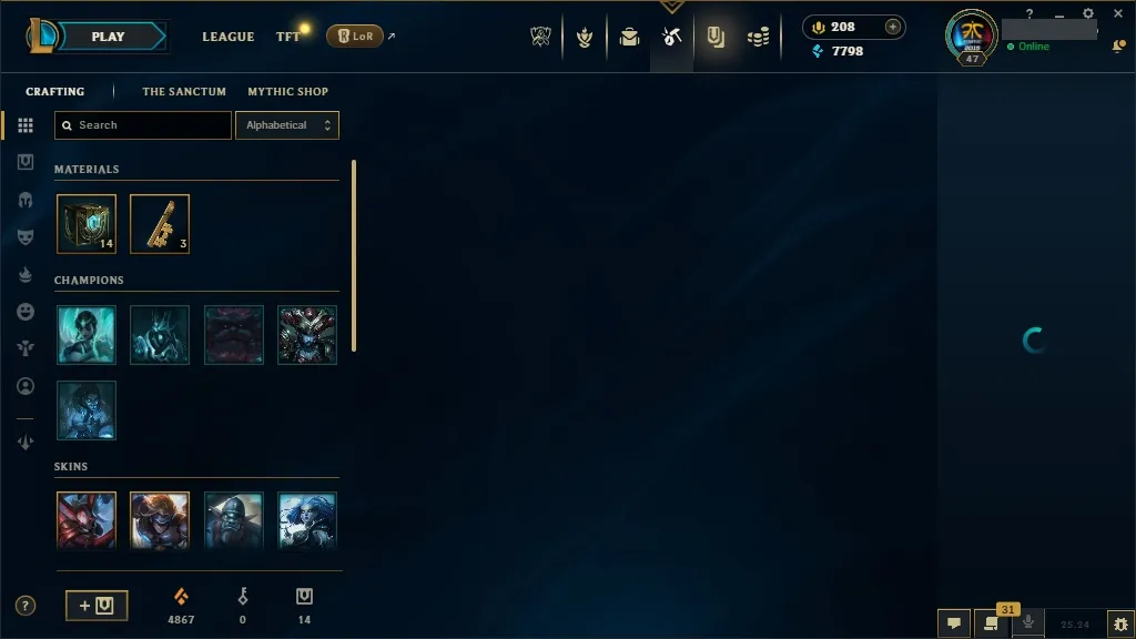 🔥 EUW  🔵 Unranked | 🟡 Lv47 | 🟢 50 Champions | 🟣 12 Skins | 💰 7798 BE | 🏆 14 Chests | 💎 208 RP | 🔓 Full Access