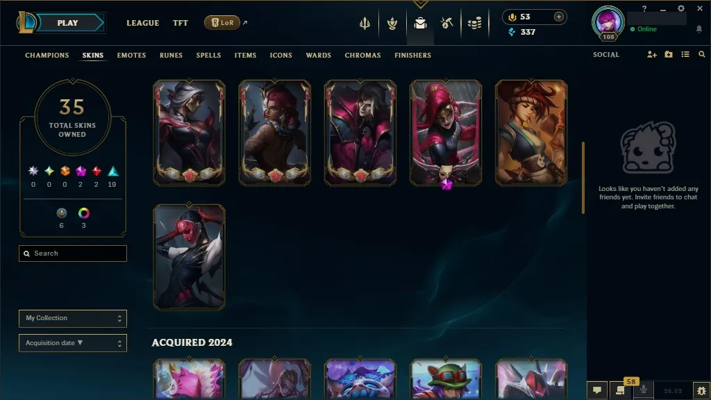 [EUW]  152 Champions ️ 35 Skins  Level 108  337 BE  53 RP   Free Delivery | League of Legends Account