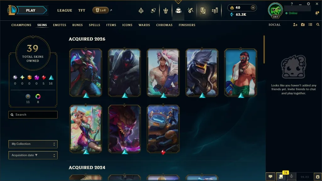 [EUW]  ALL Champions ️ 39 Skins  Level 347  63313 BE  40 RP   Delivery in Minutes | LoL Account for Sale