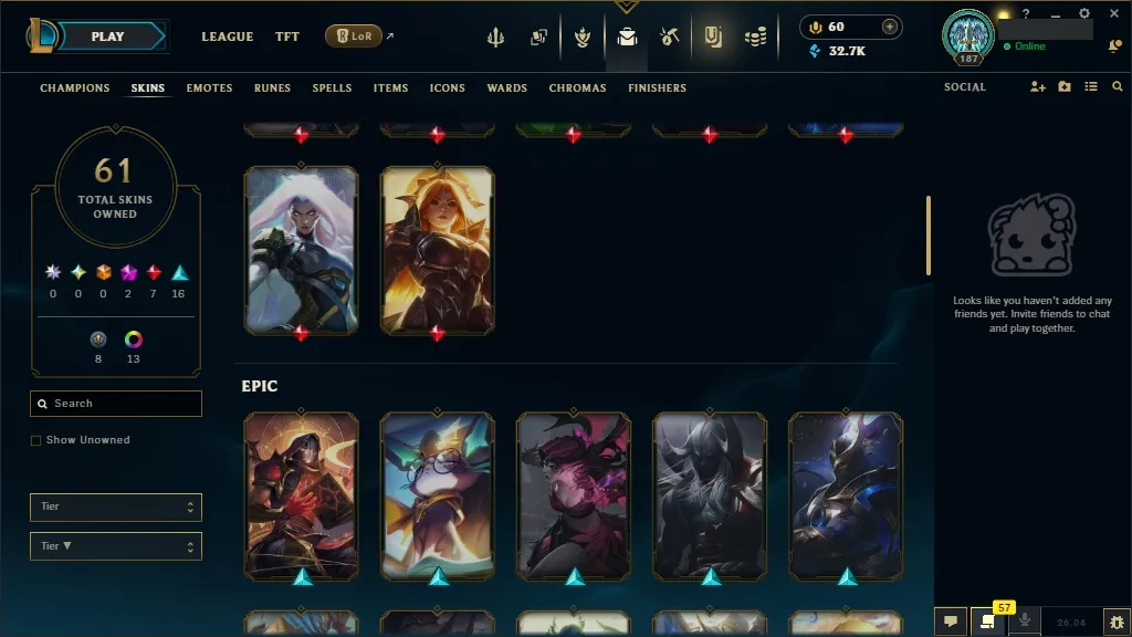 [EUW] ☑️ ALL Champions ⚔️ 61 Skins ✨ Level 187  32711 BE  60 RP   Fast Delivery | Ranked LoL Account