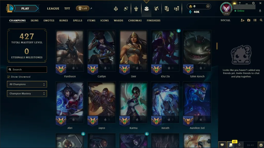 [EUW] ⭐ Insane Loot ✅ ALL Champions 👑 49 Skins 🙌 Level 314 ⭐ 40008 BE 🔷 ⚡ Instant Delivery | League of Legends Account