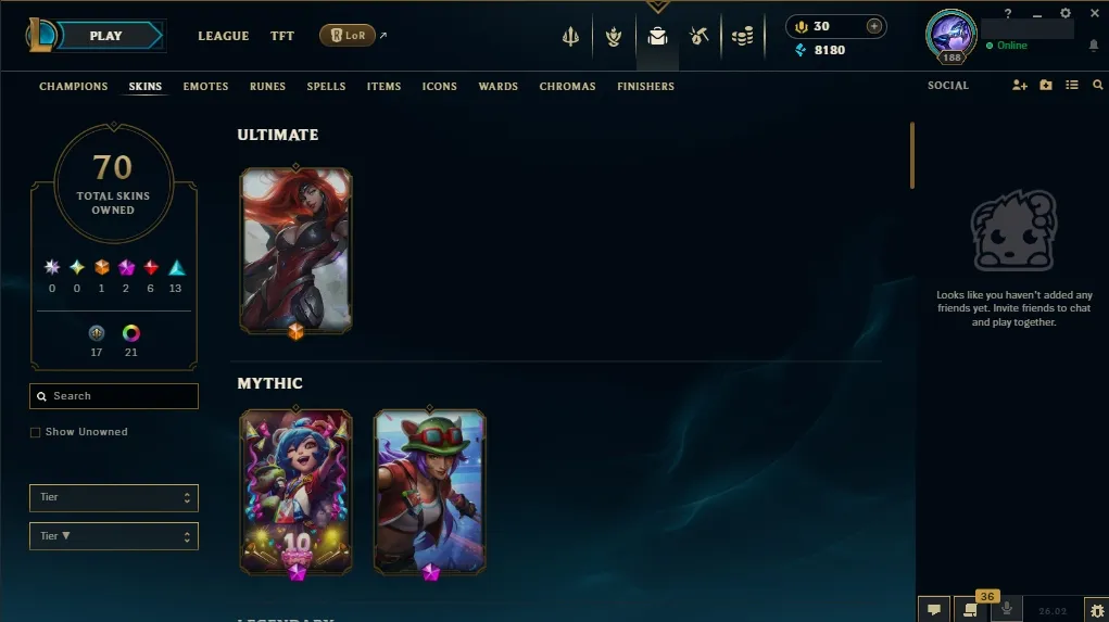 [NA]  All Champions  70 Skins  Level 188 ️ 8180 BE  30 RP   Quick Delivery | Ranked LoL Account