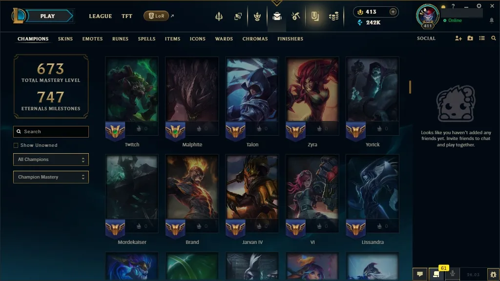 [EUW]  ALL Champions ️ 172 Skins  Level 411  242095 BE  413 RP   Fast Delivery | LoL Account for Sale
