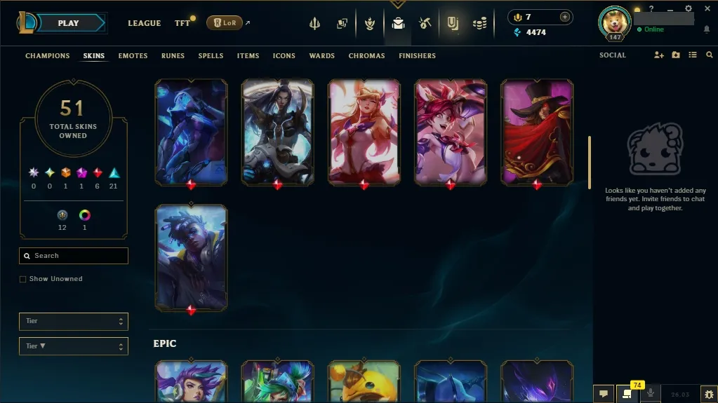 [NA] Support e-girl Account ✔️ 93 Champions ⚔️ 51 Skins 🙌 Level 147 🔼 4474 BE 🔵 7 RP 💰 🚀 Fast Delivery | Ranked LoL Account