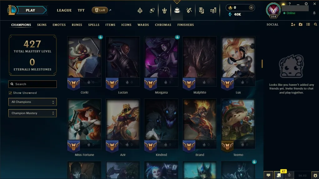 [EUW] ⭐ Insane Loot ✅ ALL Champions 👑 49 Skins 🙌 Level 314 ⭐ 40008 BE 🔷 ⚡ Instant Delivery | League of Legends Account