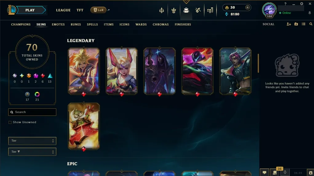 [NA]  All Champions  70 Skins  Level 188 ️ 8180 BE  30 RP   Quick Delivery | Ranked LoL Account