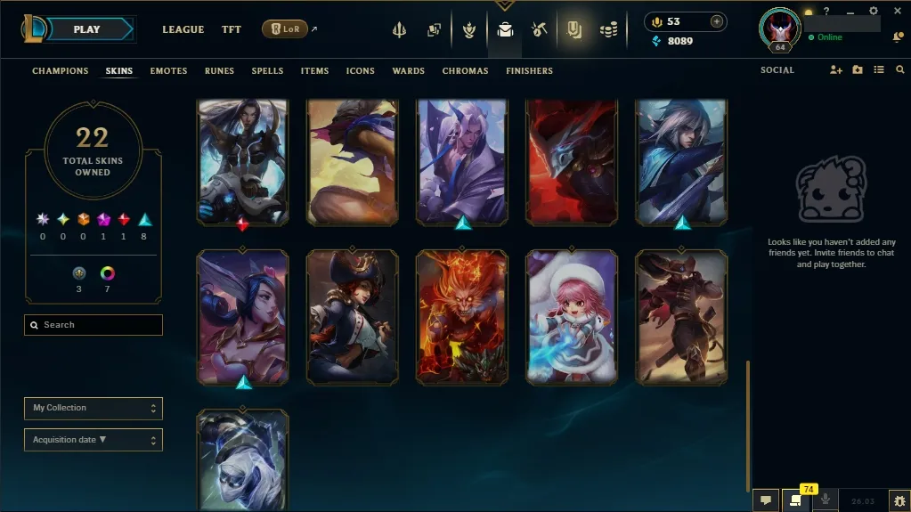 [NA] 欄 56 Champions  22 Skins  Level 64  8089 BE  53 RP  ⚡ Fast Delivery | League of Legends Account