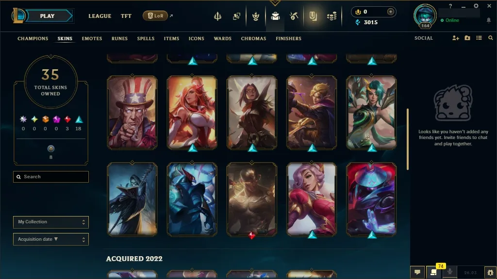 [EUW] ☑️ 97 Champions ⚔️ 35 Skins  Level 164 ⭐ 3015 BE   Free Delivery | LoL Account for Sale