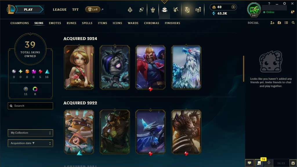 [EUW]  ALL Champions ️ 39 Skins  Level 347  63313 BE  40 RP   Delivery in Minutes | LoL Account for Sale