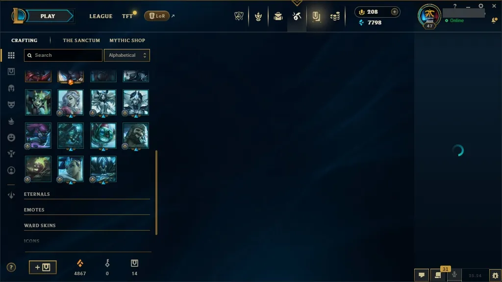 🔥 EUW  🔵 Unranked | 🟡 Lv47 | 🟢 50 Champions | 🟣 12 Skins | 💰 7798 BE | 🏆 14 Chests | 💎 208 RP | 🔓 Full Access