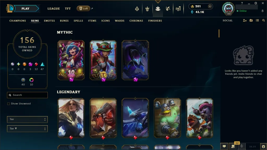 [EUW]  All Champions 鸞 156 Skins ⚡ Level 188  43135 BE  Free Fast Delivery