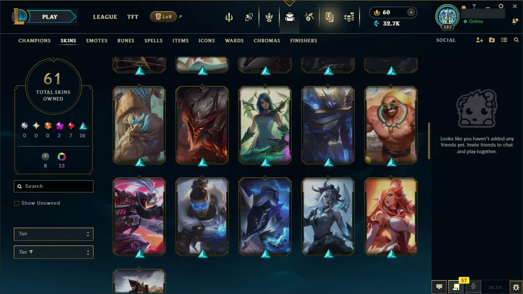 [EUW] ☑️ ALL Champions ⚔️ 61 Skins ✨ Level 187  32711 BE  60 RP   Fast Delivery | Ranked LoL Account