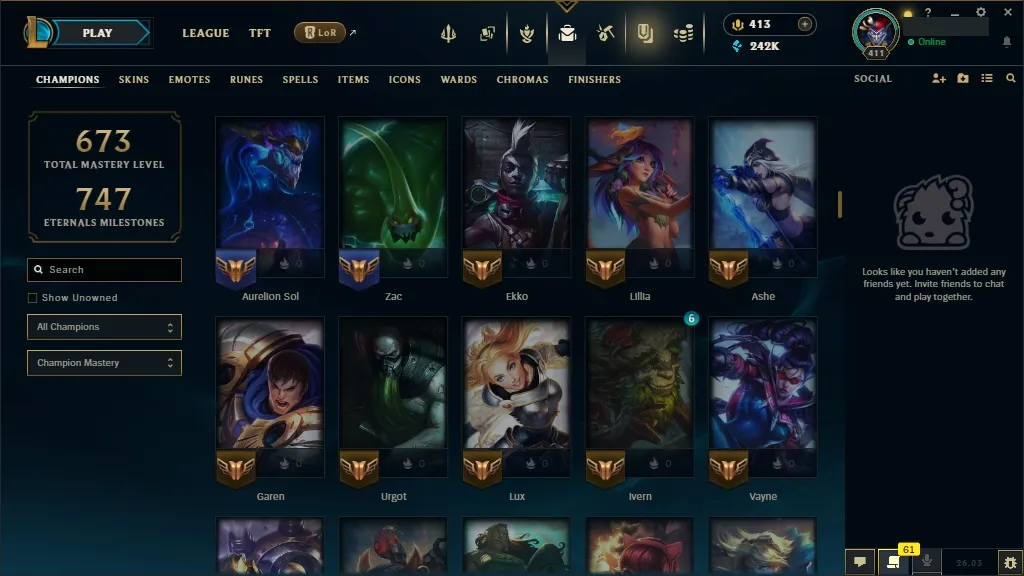 [EUW]  ALL Champions ️ 172 Skins  Level 411  242095 BE  413 RP   Fast Delivery | LoL Account for Sale