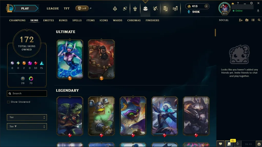 [EUW]  ALL Champions ️ 172 Skins  Level 411  242095 BE  413 RP   Fast Delivery | LoL Account for Sale