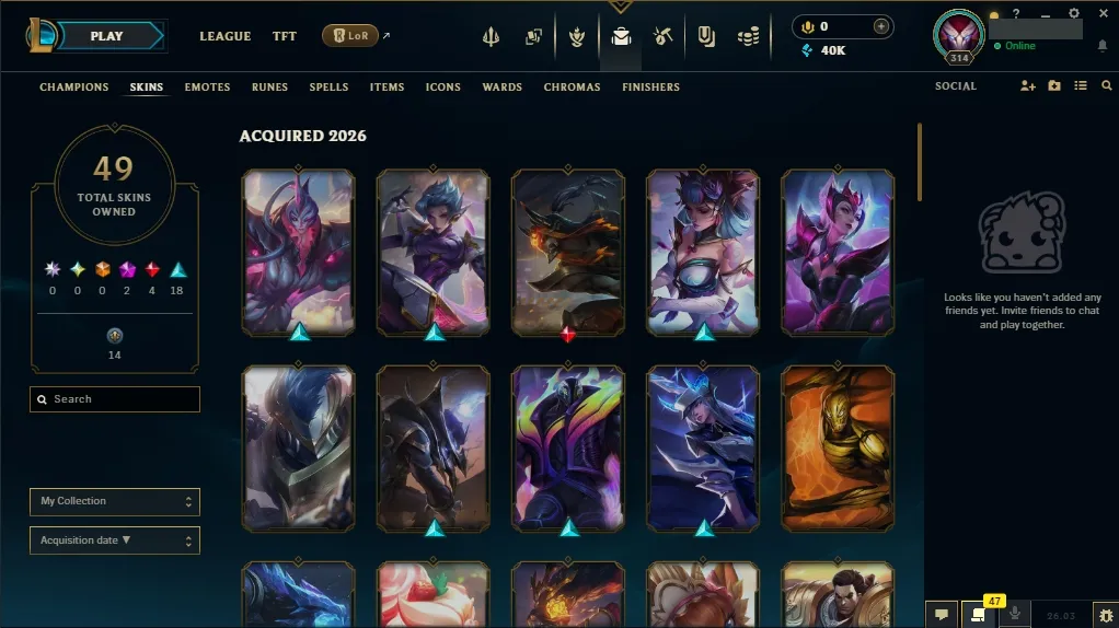 [EUW] ⭐ Insane Loot ✅ ALL Champions 👑 49 Skins 🙌 Level 314 ⭐ 40008 BE 🔷 ⚡ Instant Delivery | League of Legends Account