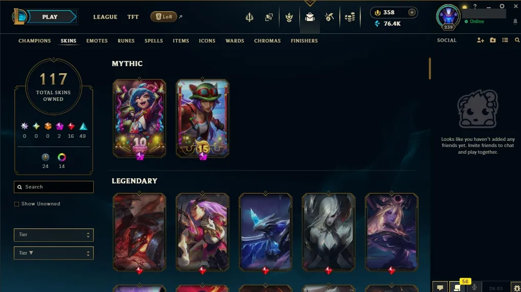 [EUW]  ALL Champions  117 Skins  Level 239  76417 BE  358 RP   Delivery in Minutes | Ranked LoL Account
