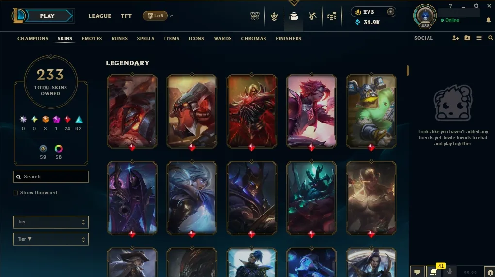 EUW💎 All Champs ✅  Level 488  🎨 233 Skins 💙 21K BE | 💎 273 RP | 🧙‍♂️ 49 Wards | 🌈 58 Chromas | 🔐 Full Access 🔥