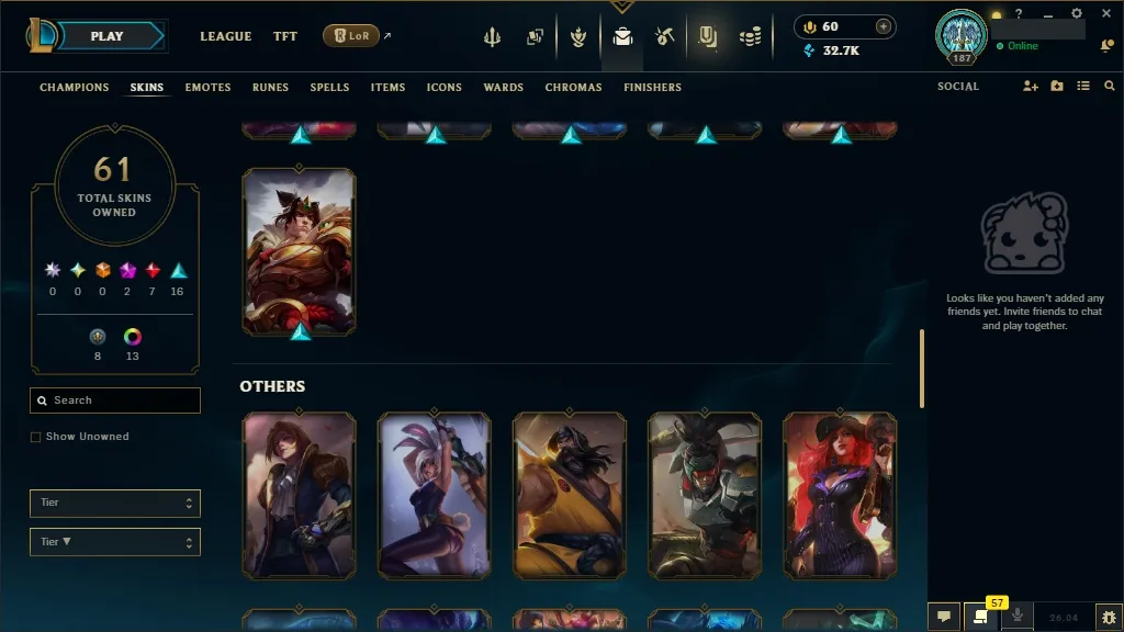 [EUW] ☑️ ALL Champions ⚔️ 61 Skins ✨ Level 187  32711 BE  60 RP   Fast Delivery | Ranked LoL Account