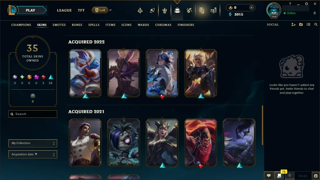 [EUW] ☑️ 97 Champions ⚔️ 35 Skins  Level 164 ⭐ 3015 BE   Free Delivery | LoL Account for Sale