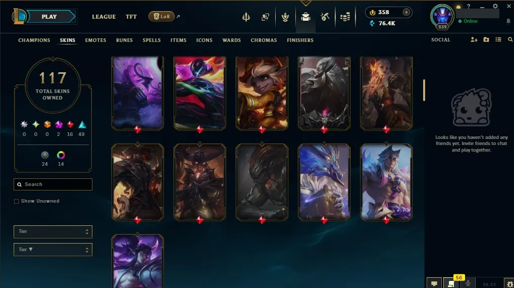 [EUW]  ALL Champions  117 Skins  Level 239  76417 BE  358 RP   Delivery in Minutes | Ranked LoL Account