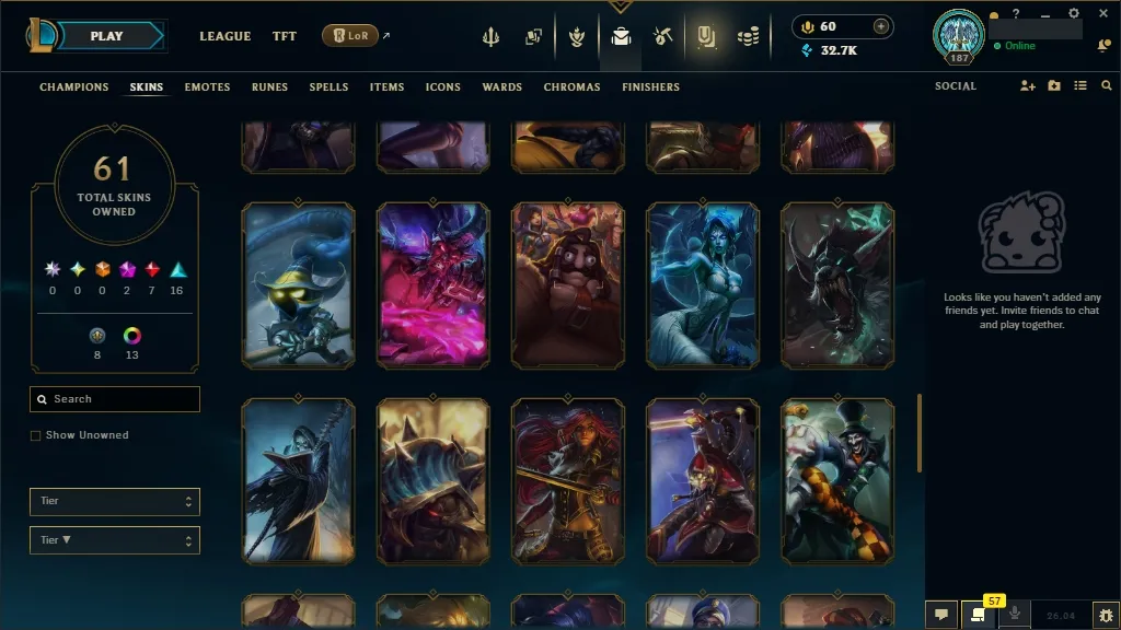 [EUW] ☑️ ALL Champions ⚔️ 61 Skins ✨ Level 187  32711 BE  60 RP   Fast Delivery | Ranked LoL Account