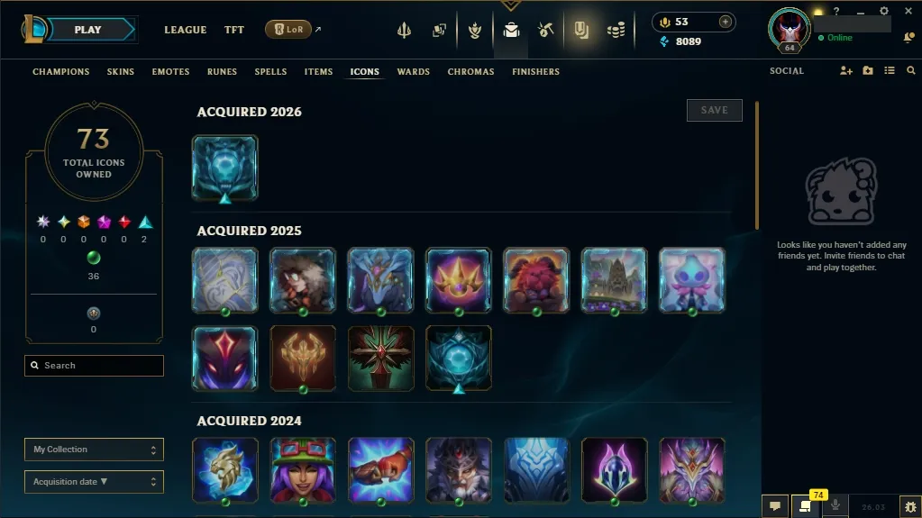 [NA] 欄 56 Champions  22 Skins  Level 64  8089 BE  53 RP  ⚡ Fast Delivery | League of Legends Account