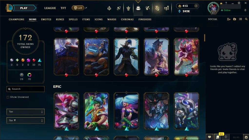 [EUW]  ALL Champions ️ 172 Skins  Level 411  242095 BE  413 RP   Fast Delivery | LoL Account for Sale